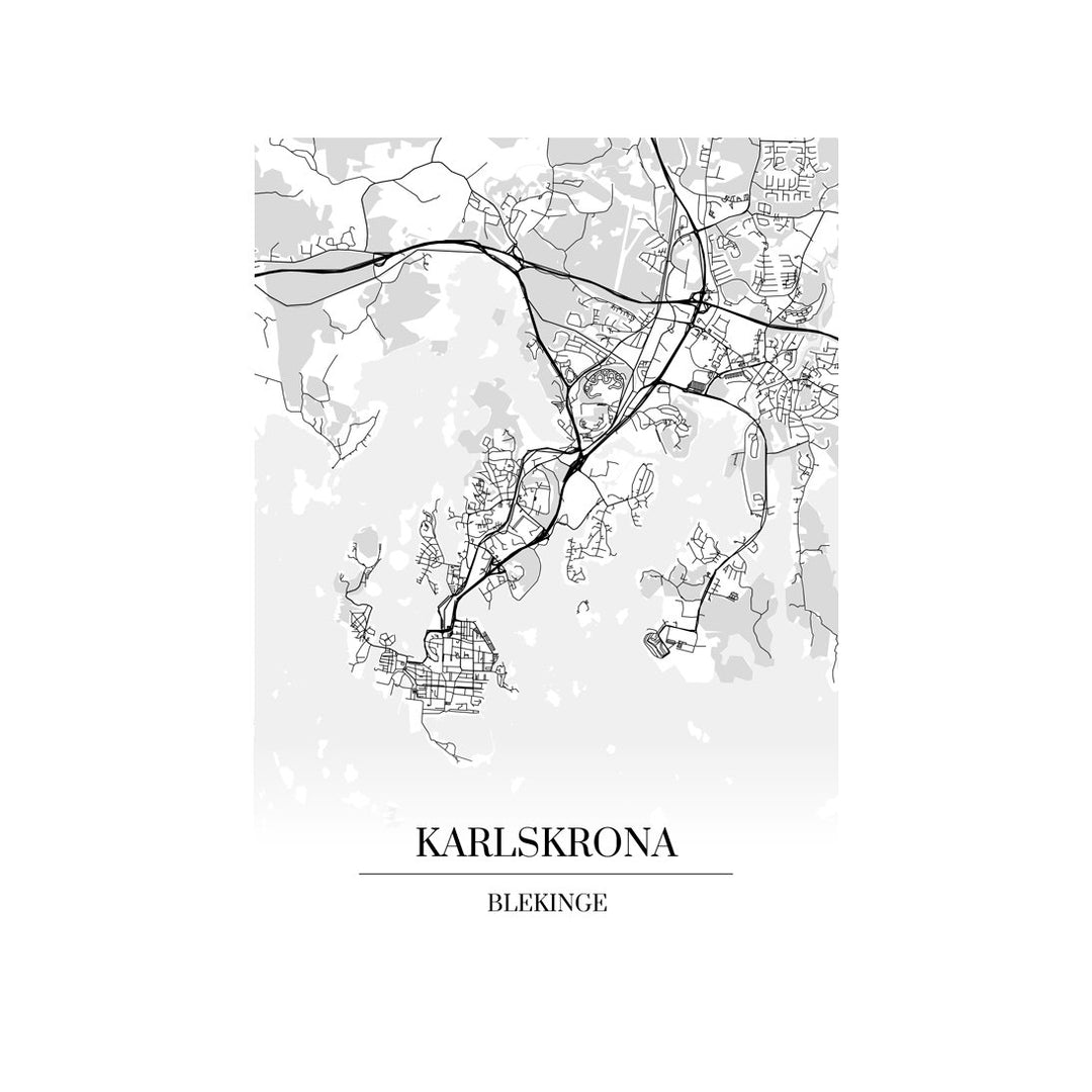 Karlskrona-karttataulu: mustavalkoinen katukartta kaupungin katuverkosta