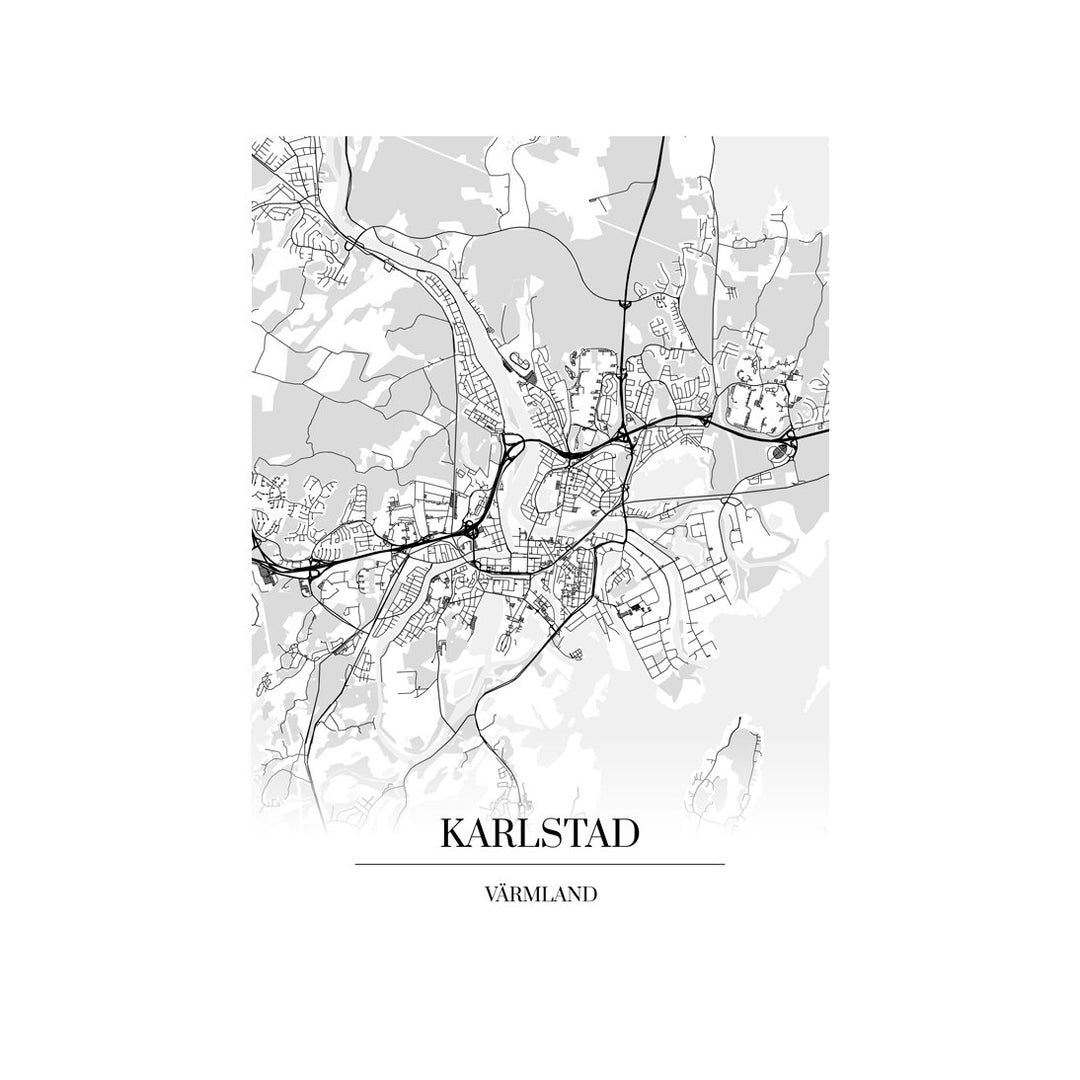 Karlstad-karttataulu: mustavalkoinen katukartta kaupungin katuverkosta