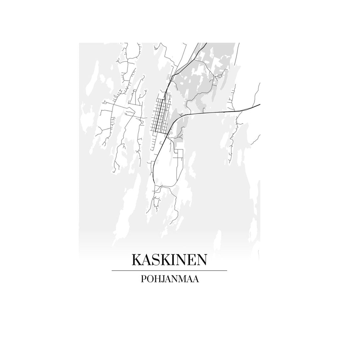 Kaskinen-karttataulu: mustavalkoinen katukartta kaupungin katuverkosta