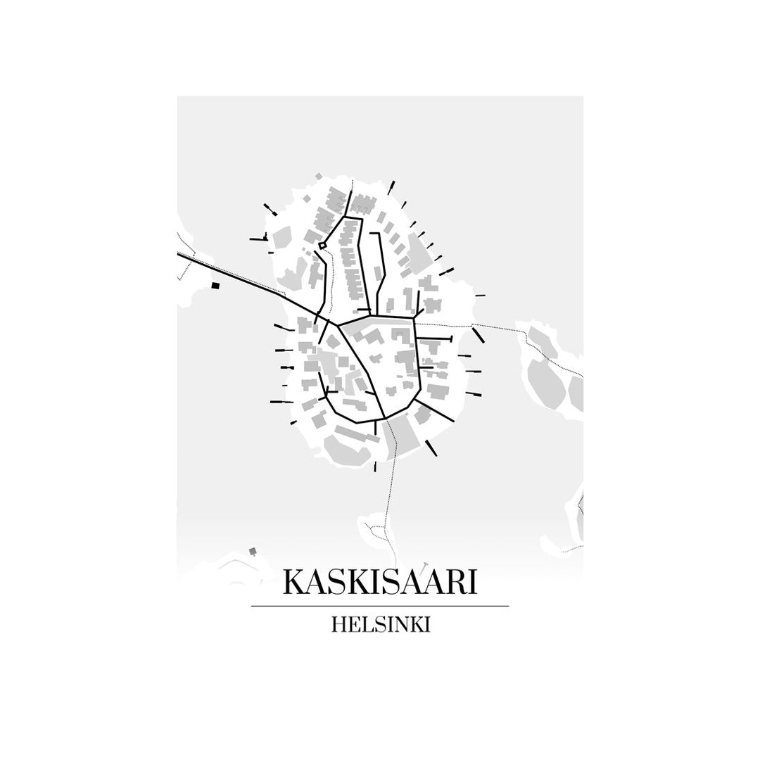 Kaskisaari-karttataulu: mustavalkoinen katukartta kaupungin katuverkosta