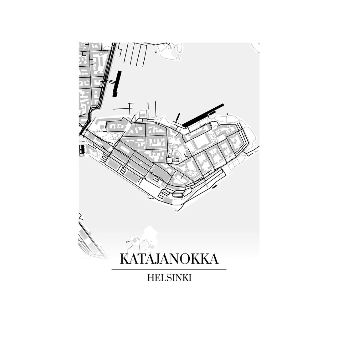 Katajanokka-karttataulu: mustavalkoinen katukartta kaupungin katuverkosta
