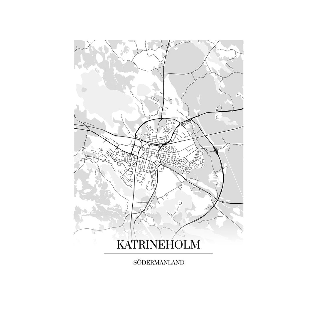 Katrineholm-karttataulu: mustavalkoinen katukartta kaupungin katuverkosta