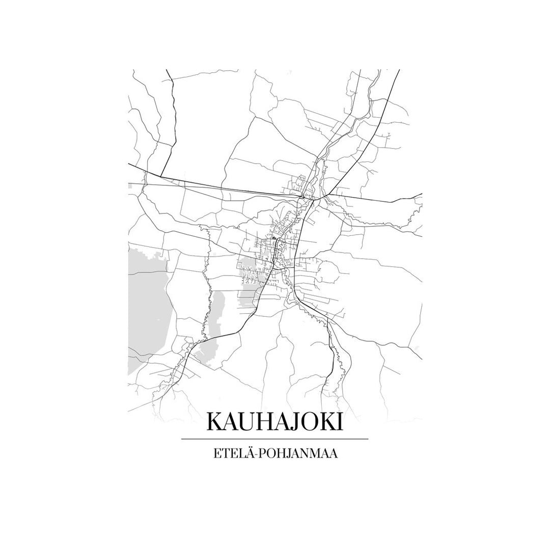Kauhajoki-karttataulu: mustavalkoinen katukartta kaupungin katuverkosta