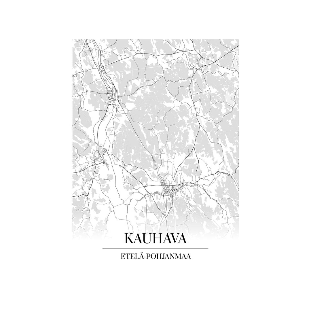 Kauhava-karttataulu: mustavalkoinen katukartta kaupungin katuverkosta