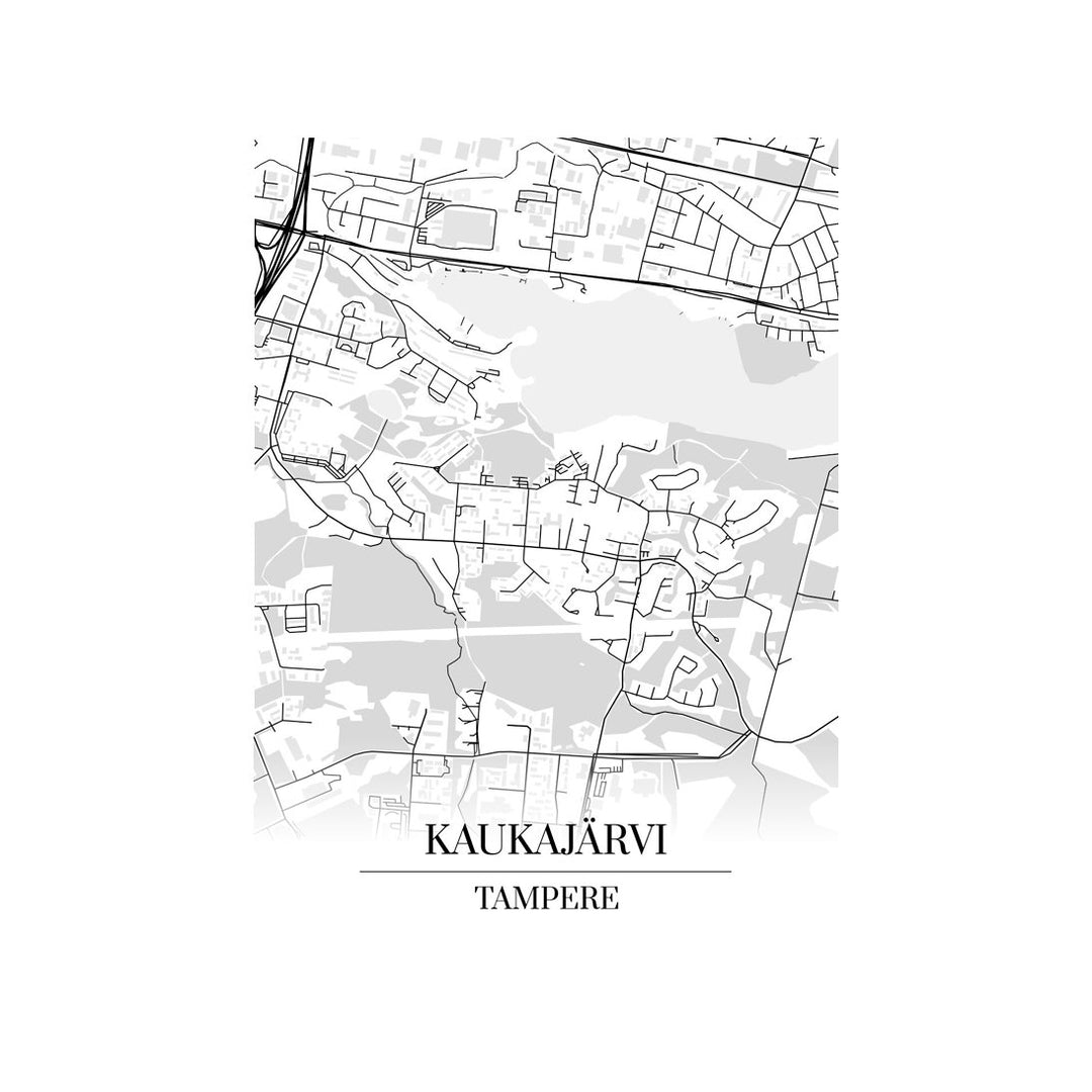 Kaukajärvi-karttataulu: mustavalkoinen katukartta kaupungin katuverkosta