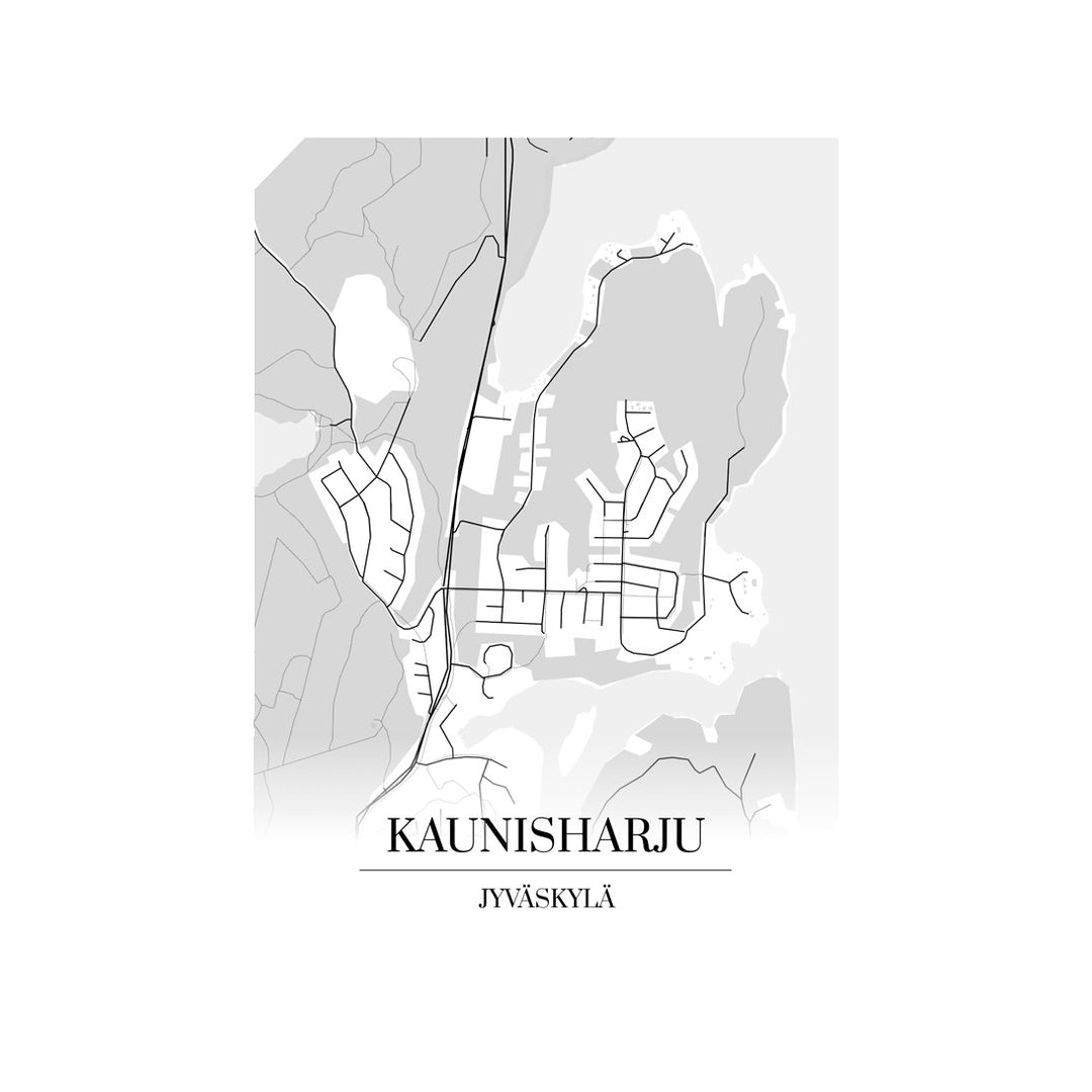 Kaunisharju-karttataulu: mustavalkoinen katukartta kaupungin katuverkosta