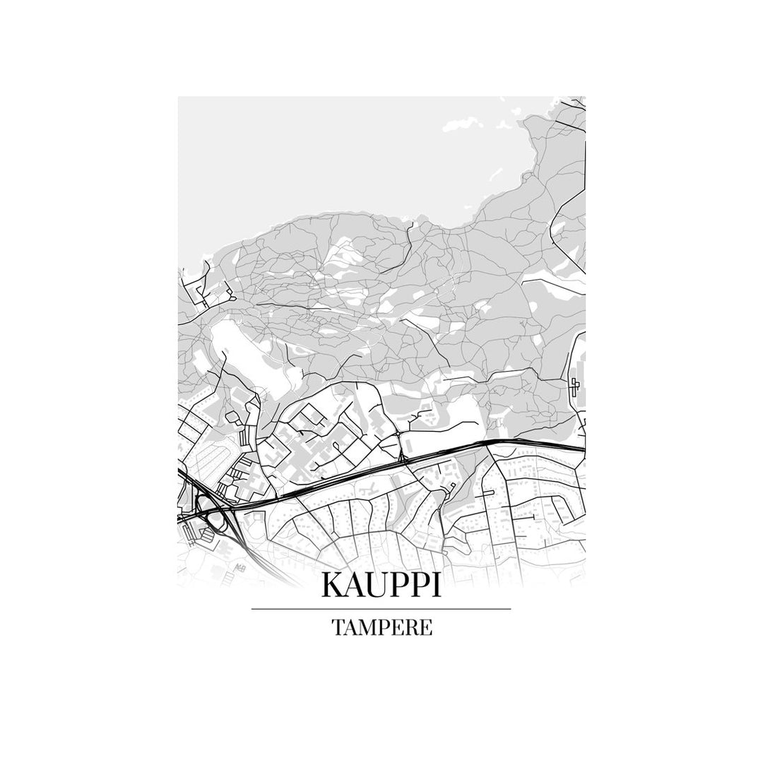 Kauppi-karttataulu: mustavalkoinen katukartta kaupungin katuverkosta