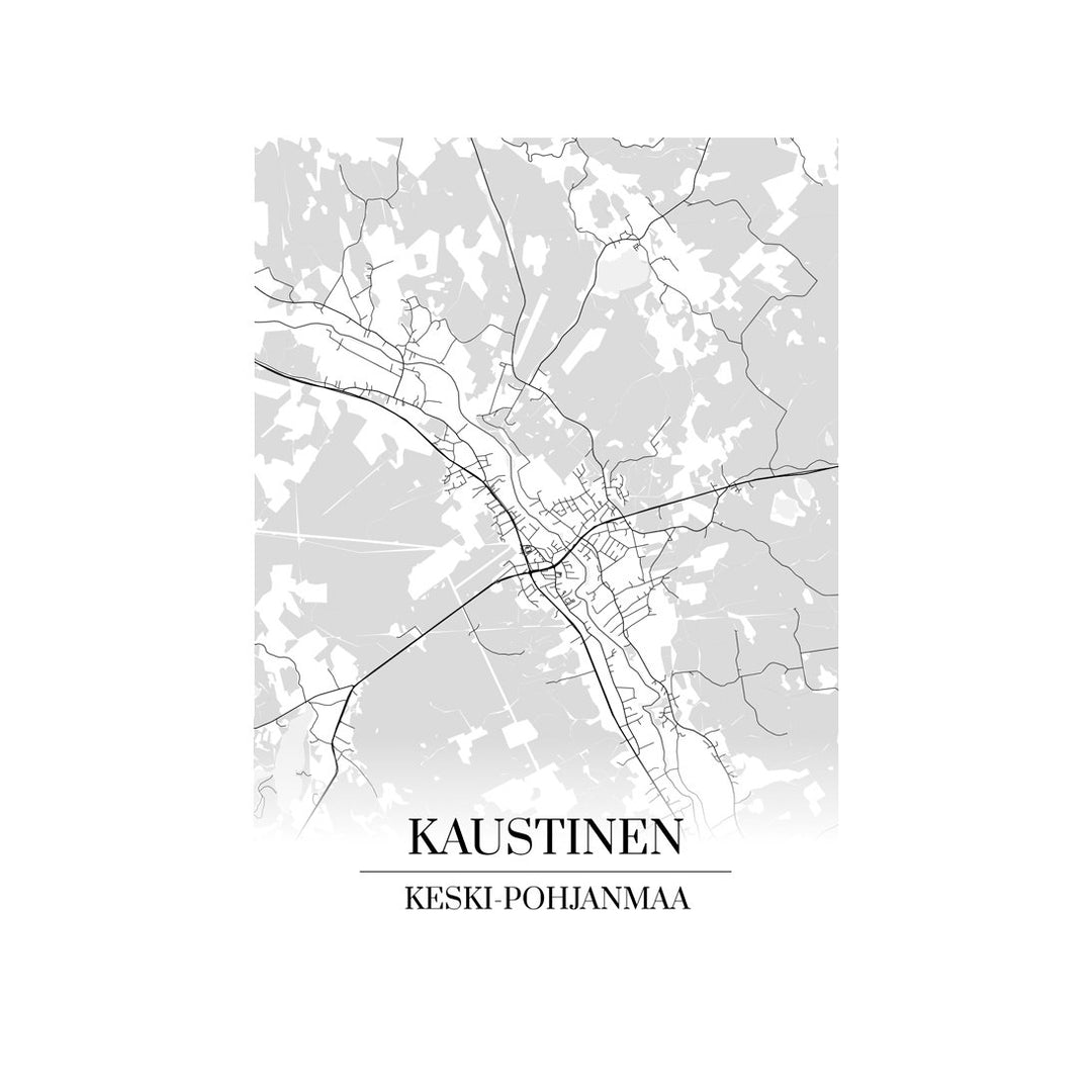 Kaustinen-karttataulu: mustavalkoinen katukartta kaupungin katuverkosta