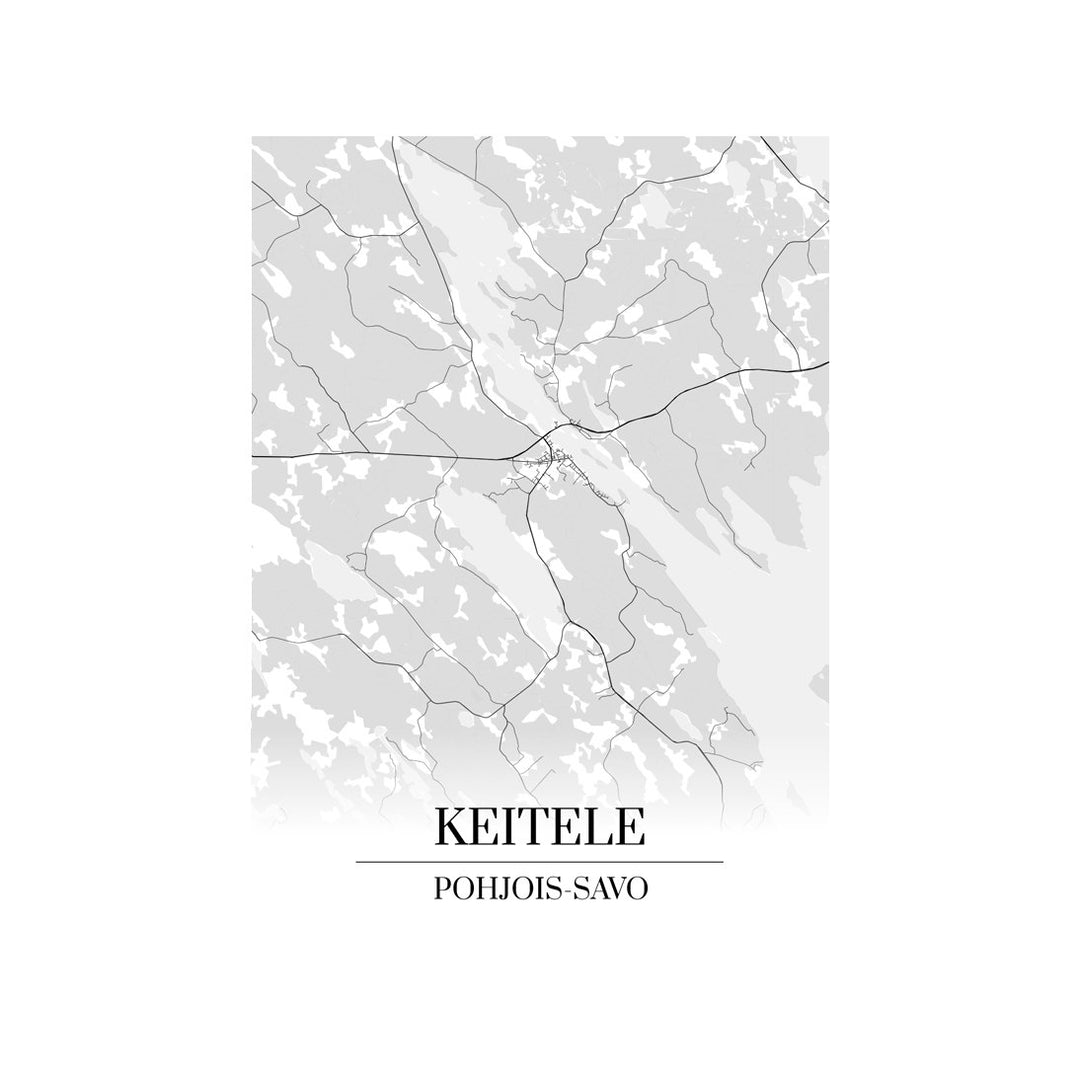 Keitele-karttataulu: mustavalkoinen katukartta kaupungin katuverkosta