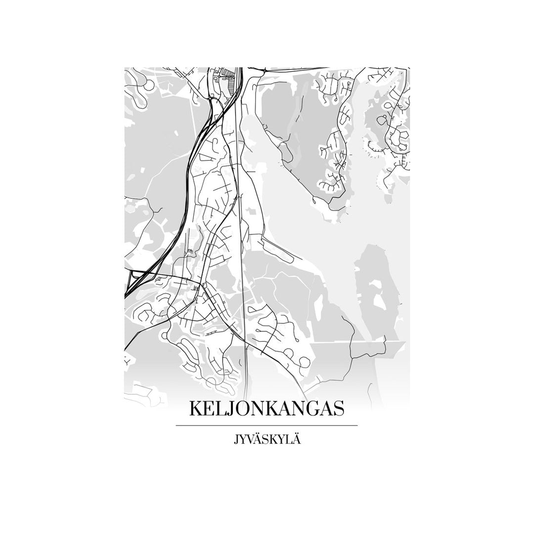 Keljonkangas-karttataulu: mustavalkoinen katukartta kaupungin katuverkosta