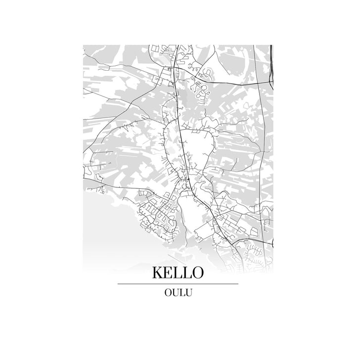 Kello-karttataulu: mustavalkoinen katukartta kaupungin katuverkosta