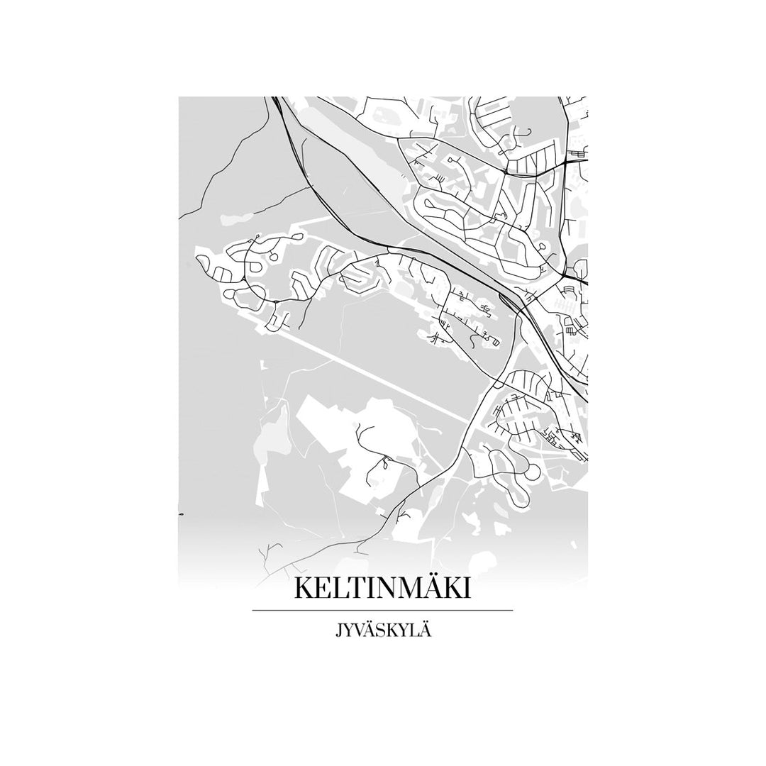 Keltinmäki-karttataulu: mustavalkoinen katukartta kaupungin katuverkosta