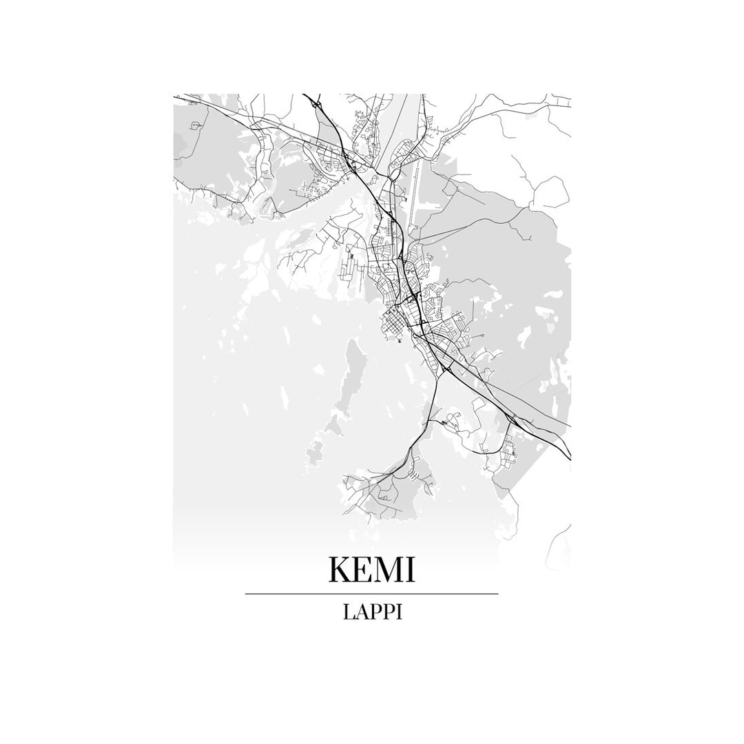 Kemi-karttataulu: mustavalkoinen katukartta kaupungin katuverkosta