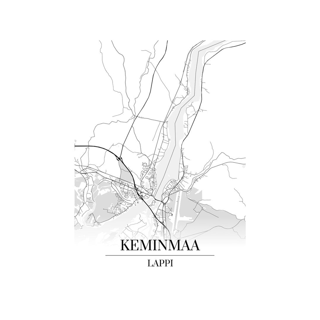 Keminmaa-karttataulu: mustavalkoinen katukartta kaupungin katuverkosta