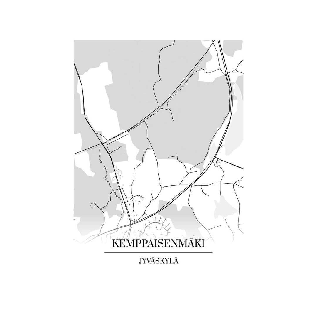 Kemppaisenmäki-karttataulu: mustavalkoinen katukartta kaupungin katuverkosta