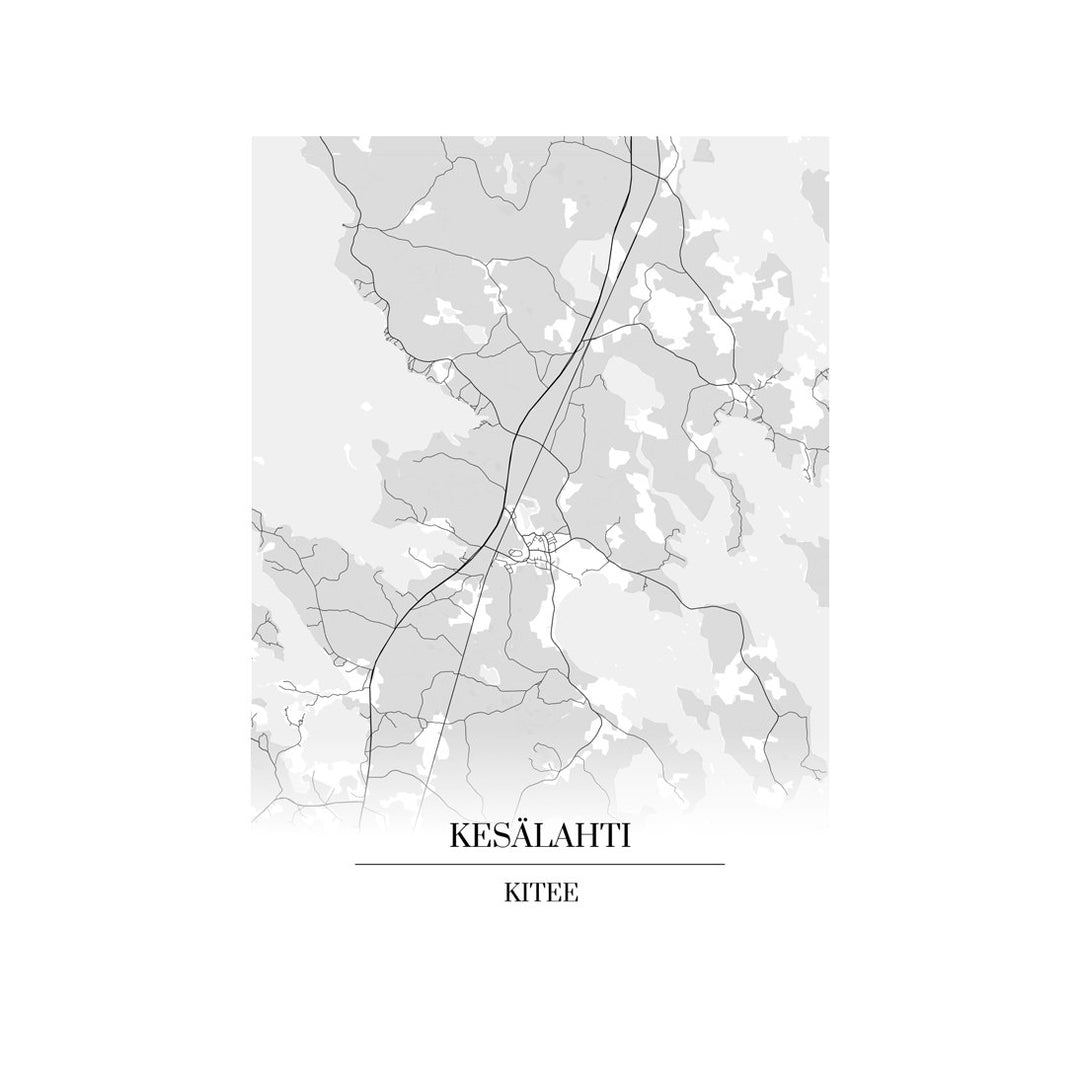Kesälahti-karttataulu: mustavalkoinen katukartta kaupungin katuverkosta