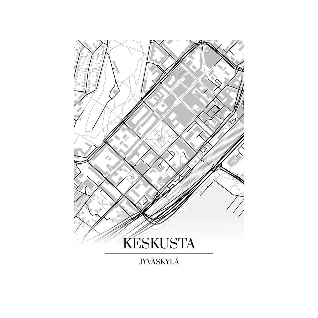 Keskusta-karttataulu: mustavalkoinen katukartta kaupungin katuverkosta