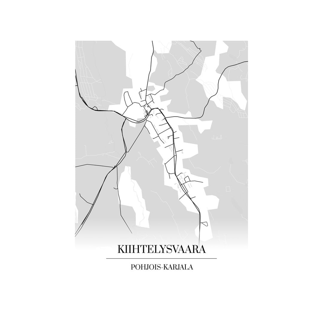Kiihtelysvaara-karttataulu: mustavalkoinen katukartta kaupungin katuverkosta