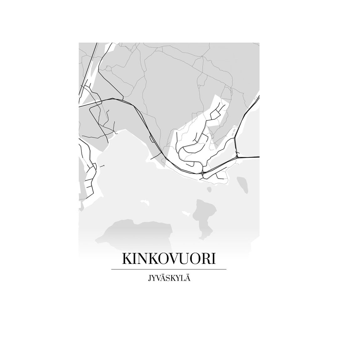 Kinkovuori-karttataulu: mustavalkoinen katukartta kaupungin katuverkosta