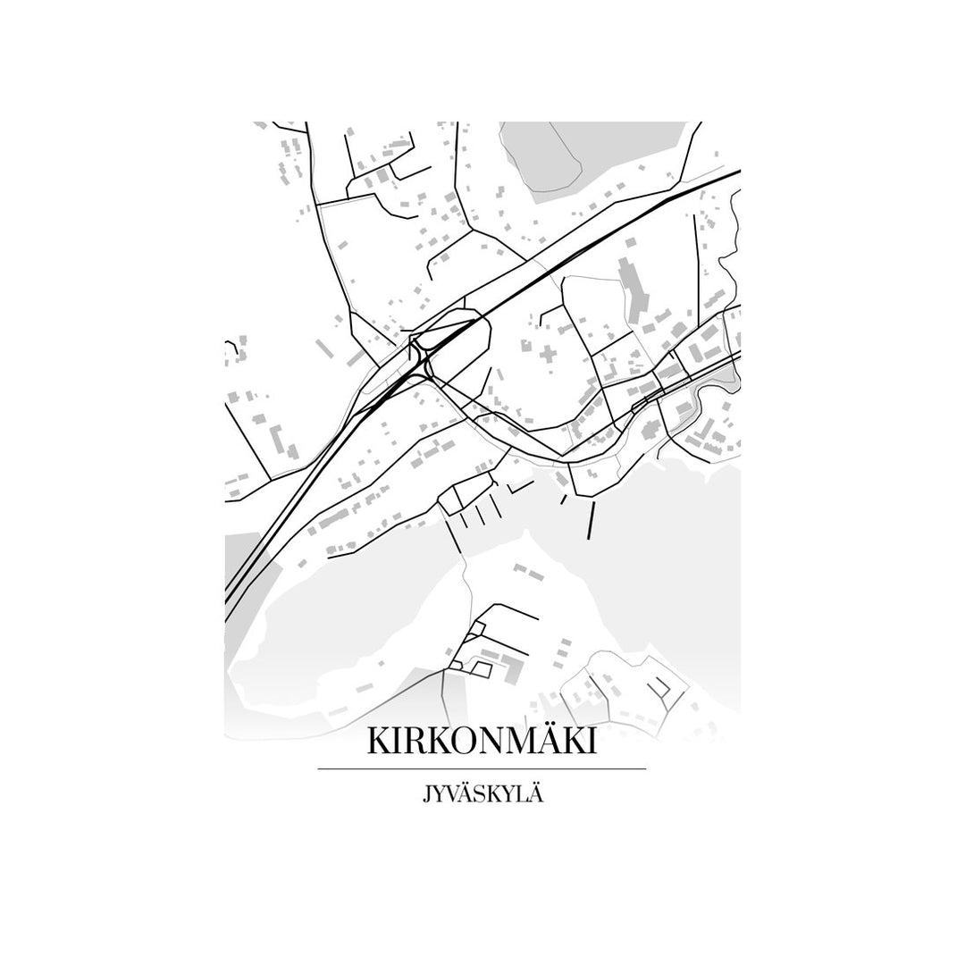 Kirkonmäki-karttataulu: mustavalkoinen katukartta kaupungin katuverkosta