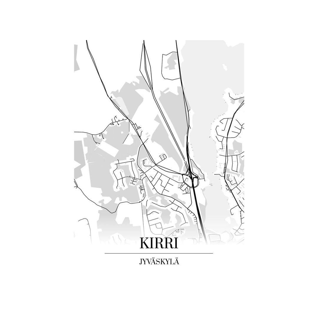 Kirri-karttataulu: mustavalkoinen katukartta kaupungin katuverkosta