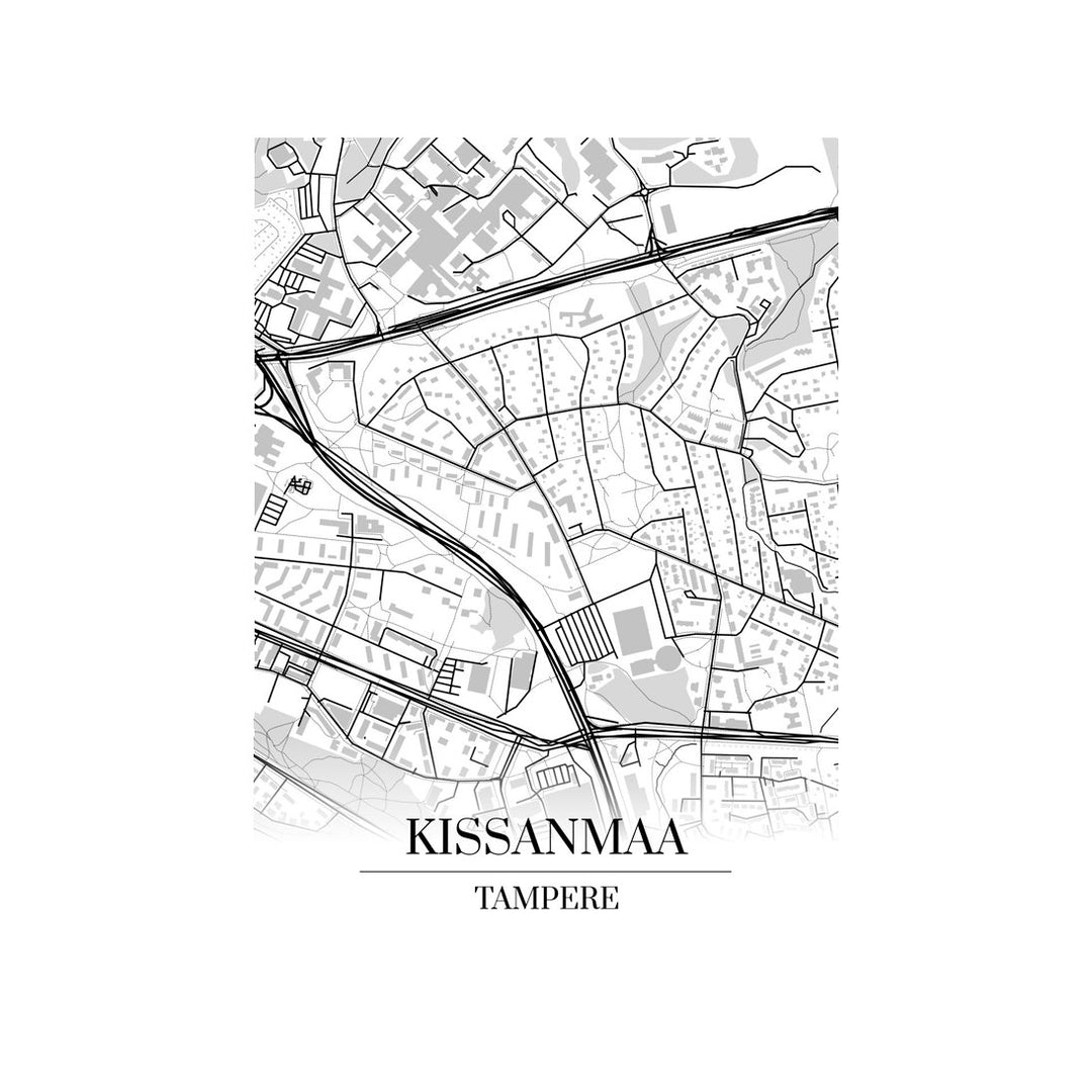 Kissanmaa-karttataulu: mustavalkoinen katukartta kaupungin katuverkosta