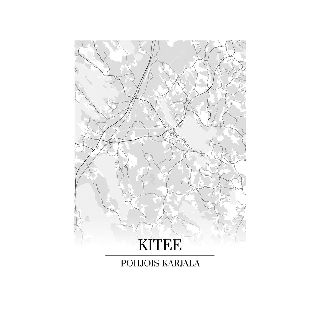 Kitee-karttataulu: mustavalkoinen katukartta kaupungin katuverkosta