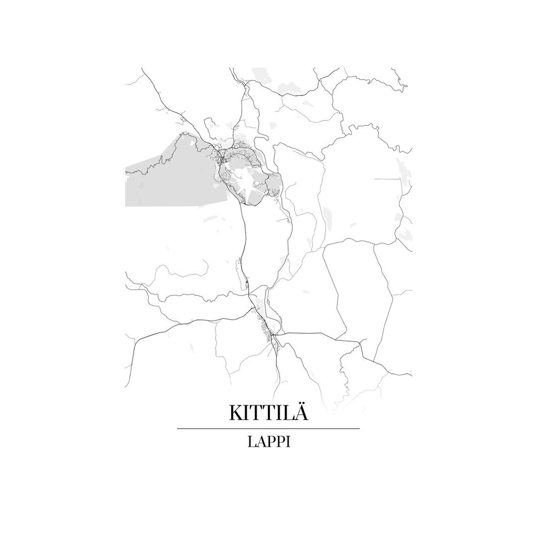 Kittilä-karttataulu: mustavalkoinen katukartta kaupungin katuverkosta