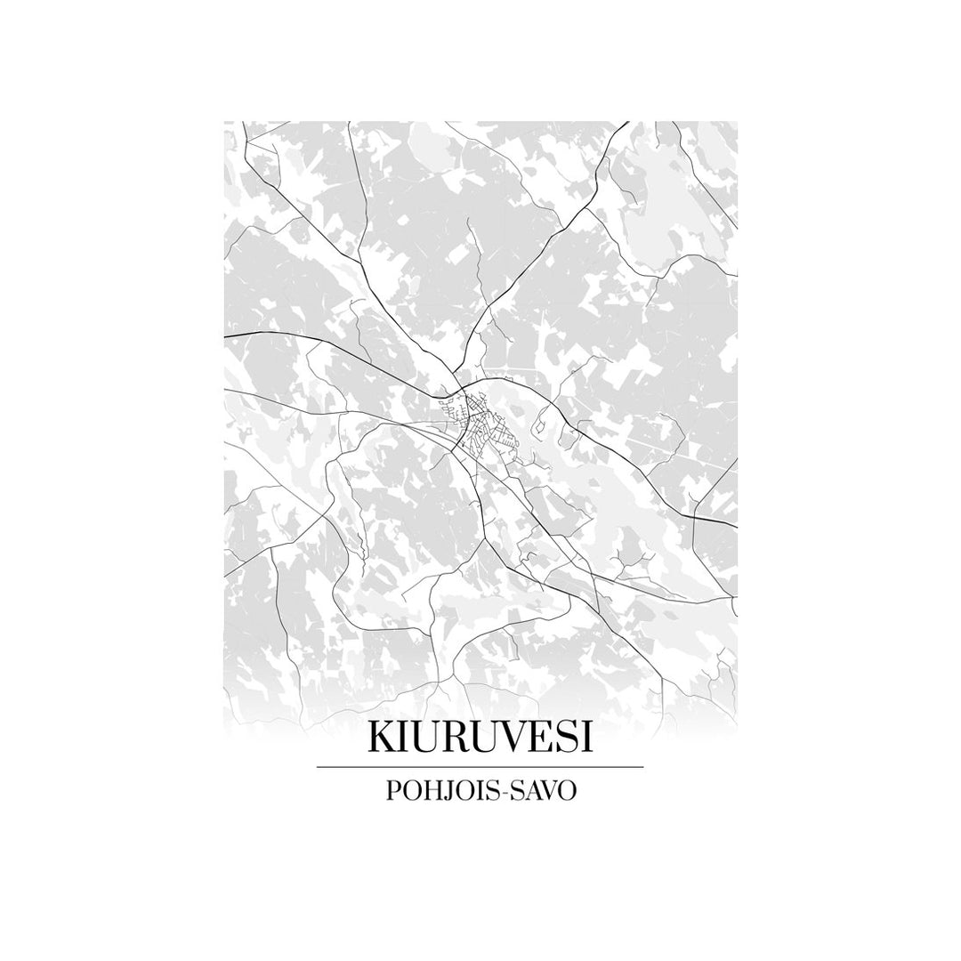 Kiuruvesi-karttataulu: mustavalkoinen katukartta kaupungin katuverkosta