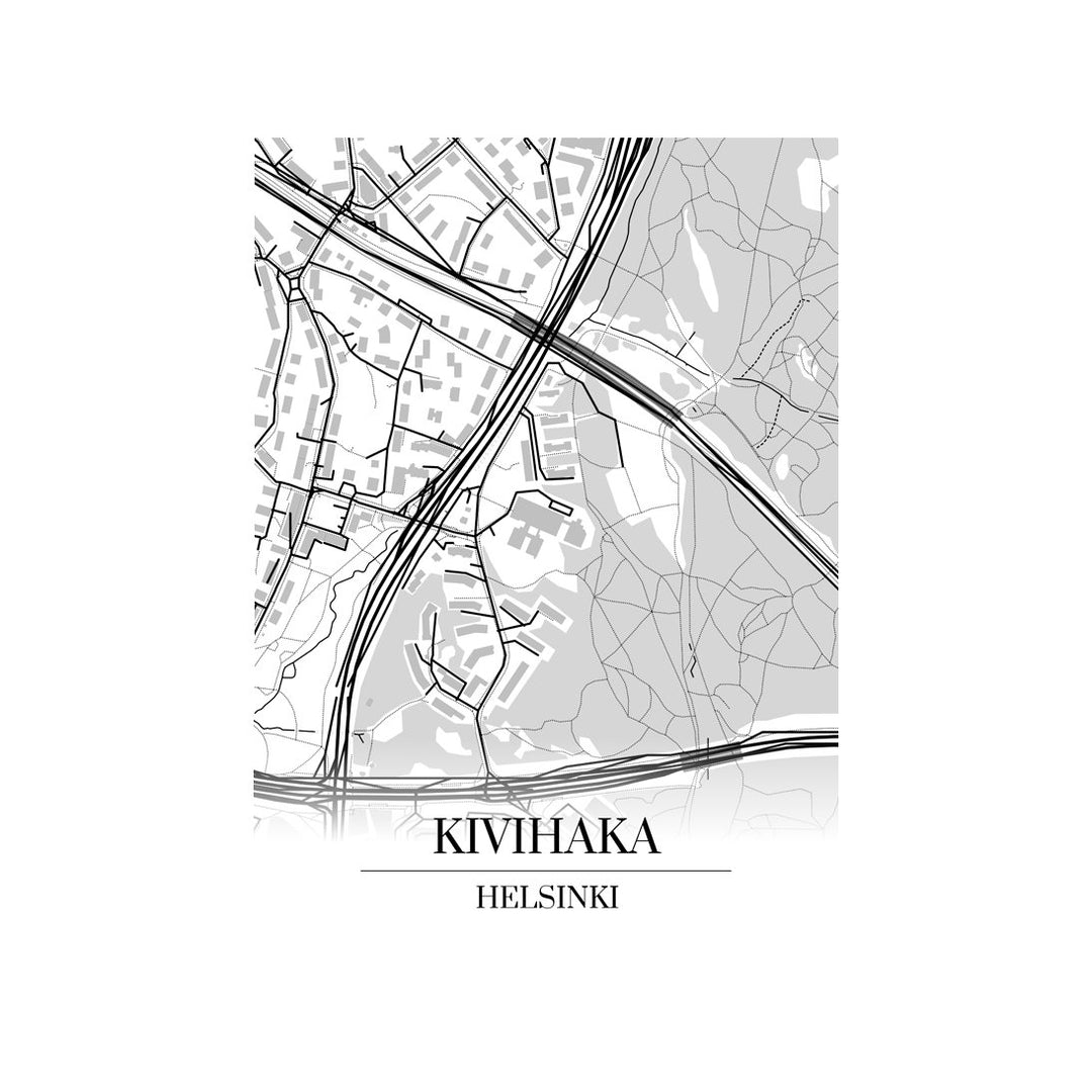 Kivihaka-karttataulu: mustavalkoinen katukartta kaupungin katuverkosta