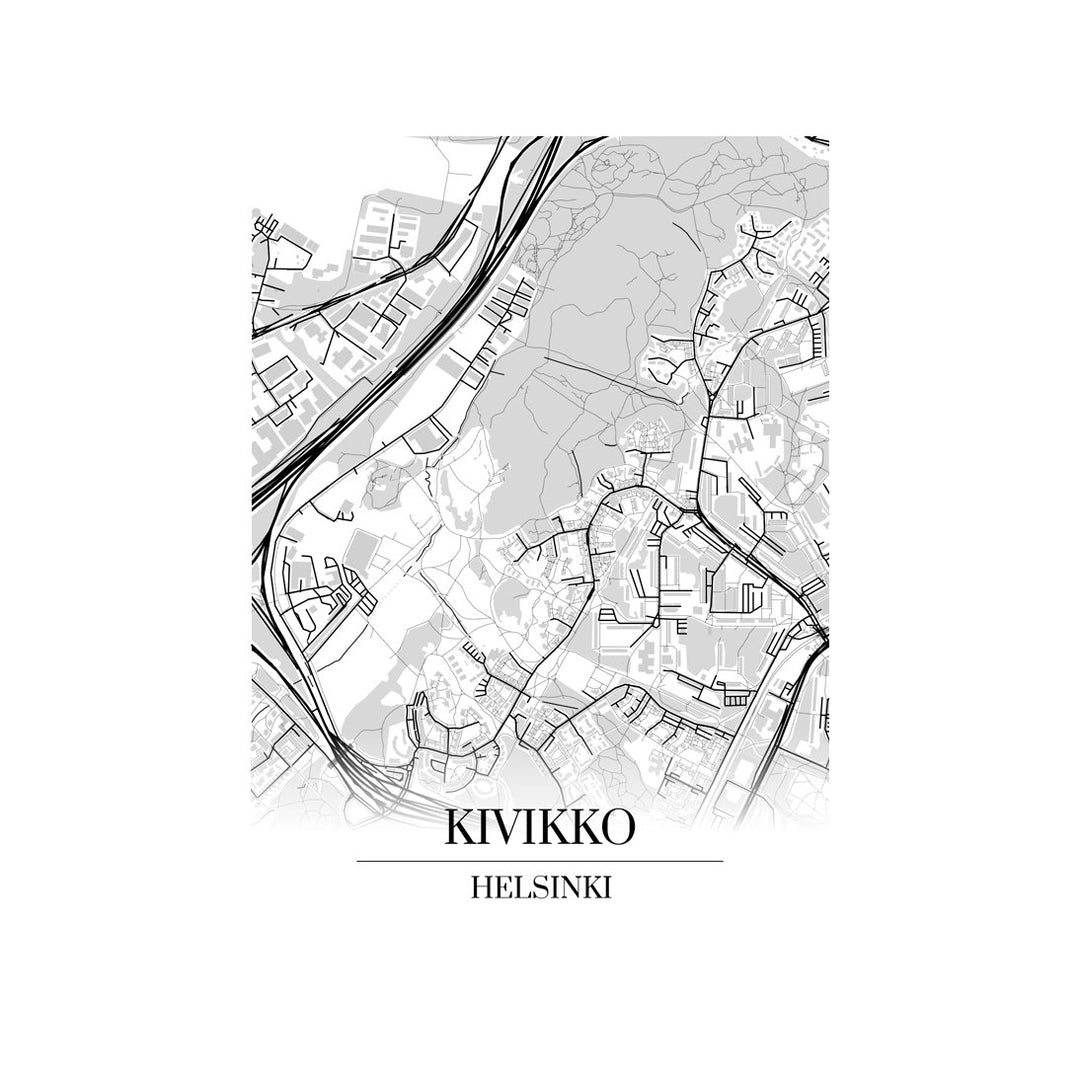 Kivikko-karttataulu: mustavalkoinen katukartta kaupungin katuverkosta