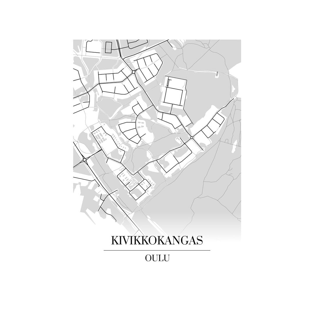 Kivikkokangas-karttataulu: mustavalkoinen katukartta kaupungin katuverkosta