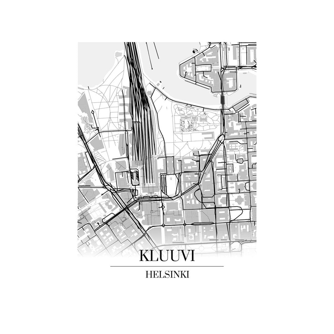 Kluuvi-karttataulu: mustavalkoinen katukartta kaupungin katuverkosta
