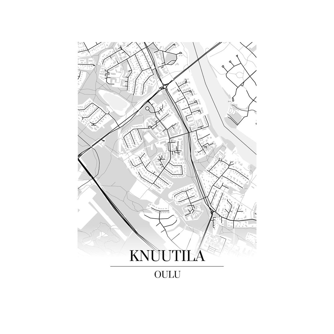 Knuutila-karttataulu: mustavalkoinen katukartta kaupungin katuverkosta