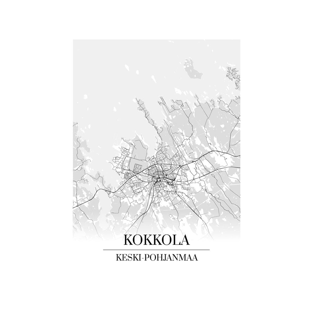 Kokkola-karttataulu: mustavalkoinen katukartta kaupungin katuverkosta