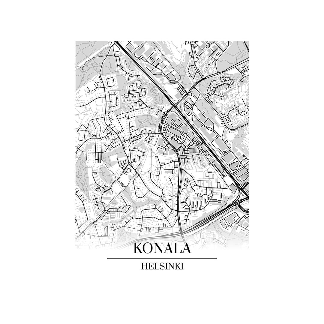 Konala-karttataulu: mustavalkoinen katukartta kaupungin katuverkosta