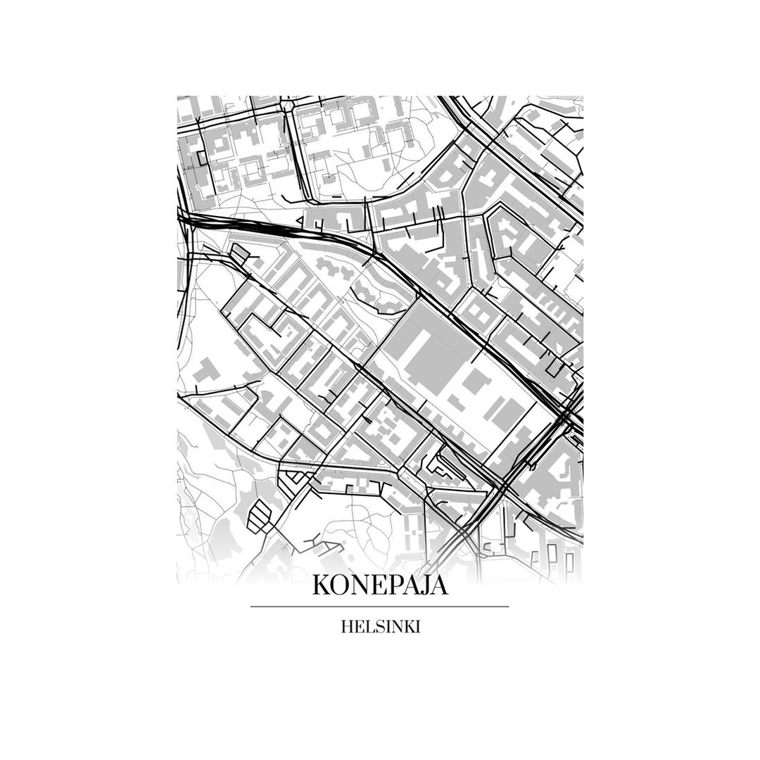 Konepaja-karttataulu: mustavalkoinen katukartta kaupungin katuverkosta