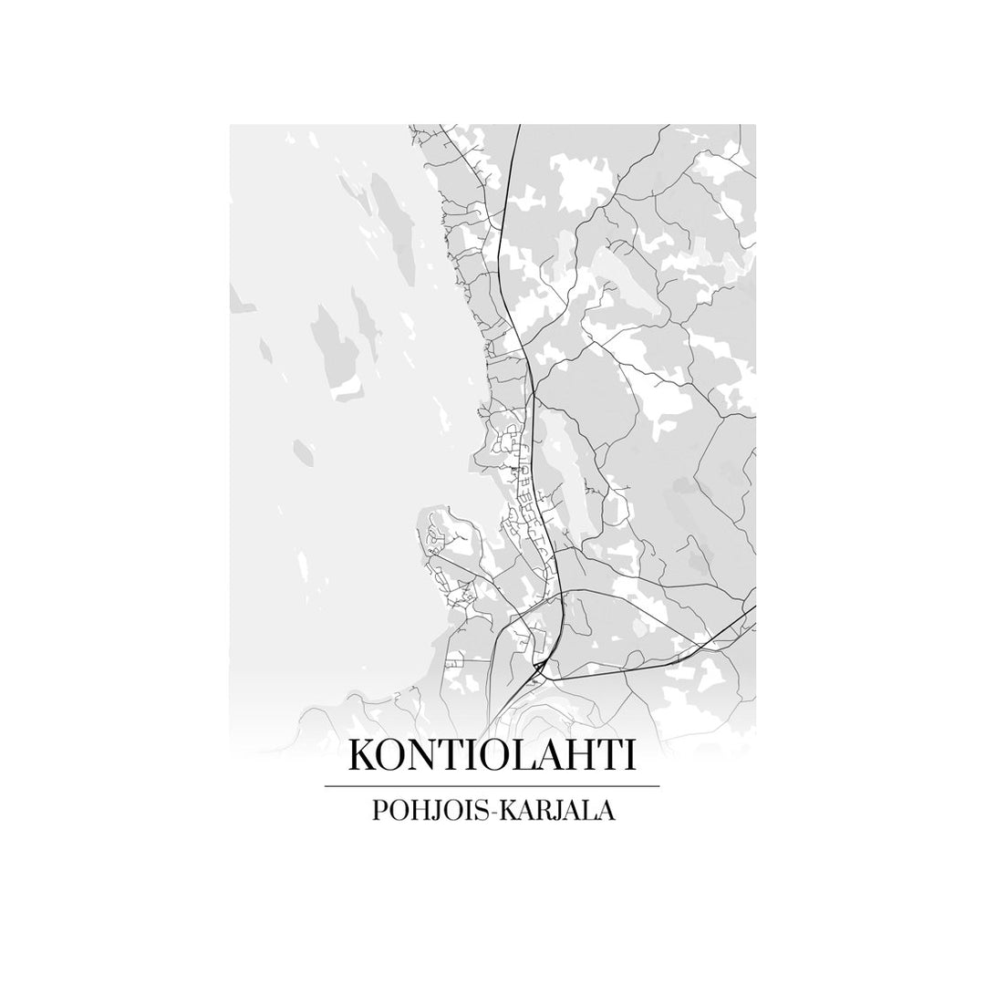Kontiolahti-karttataulu: mustavalkoinen katukartta kaupungin katuverkosta