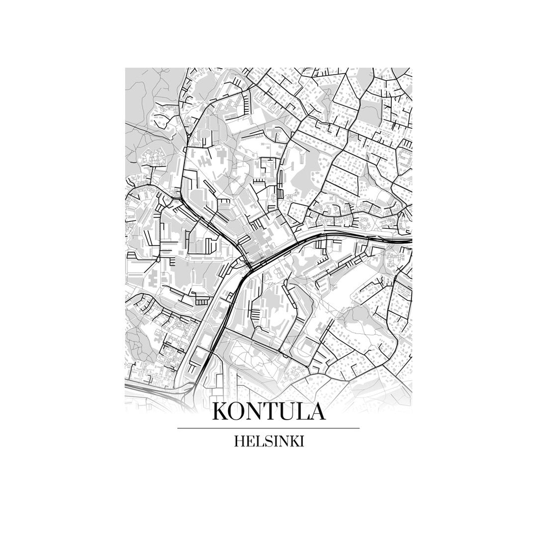 Kontula-karttataulu: mustavalkoinen katukartta kaupungin katuverkosta