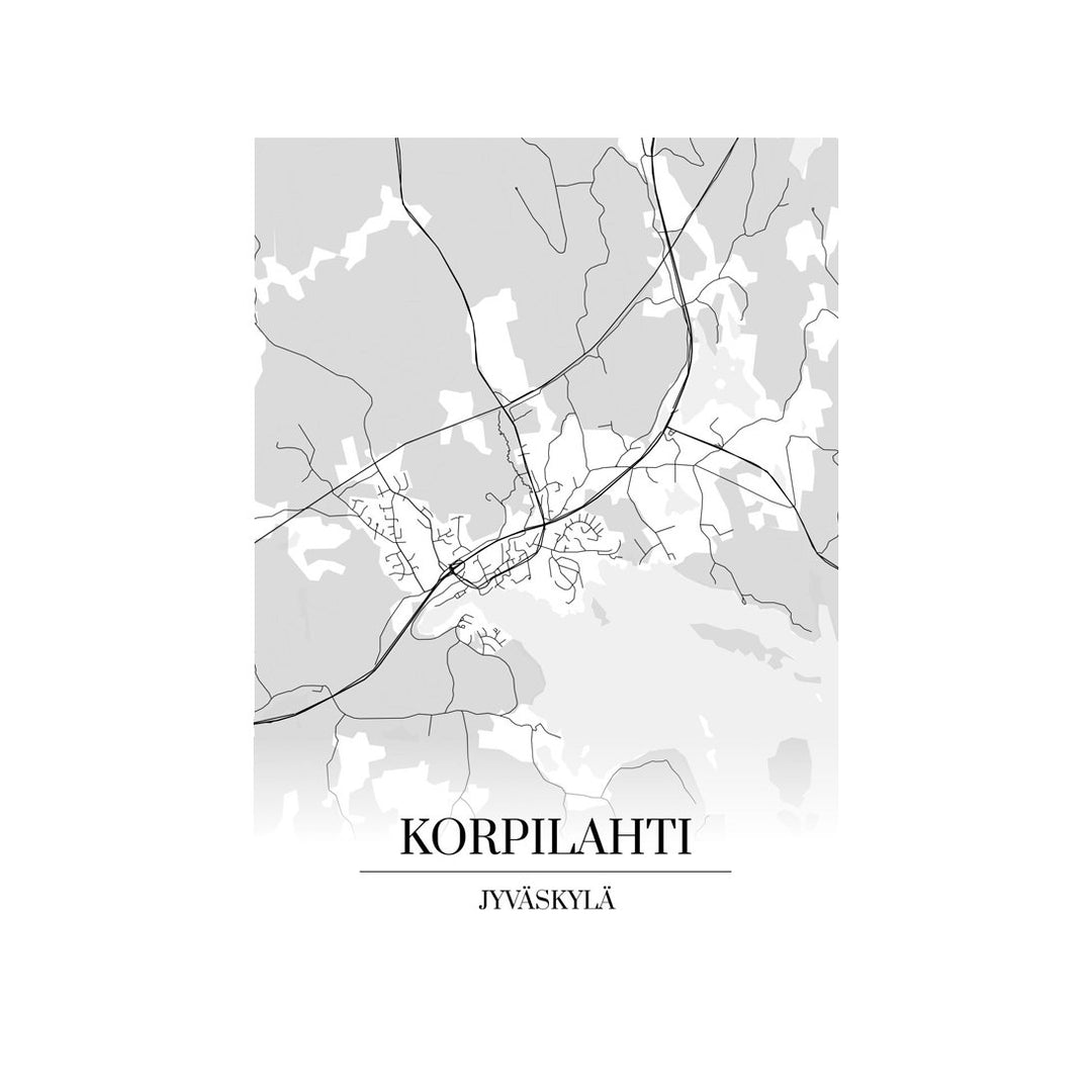 Korpilahti-karttataulu: mustavalkoinen katukartta kaupungin katuverkosta