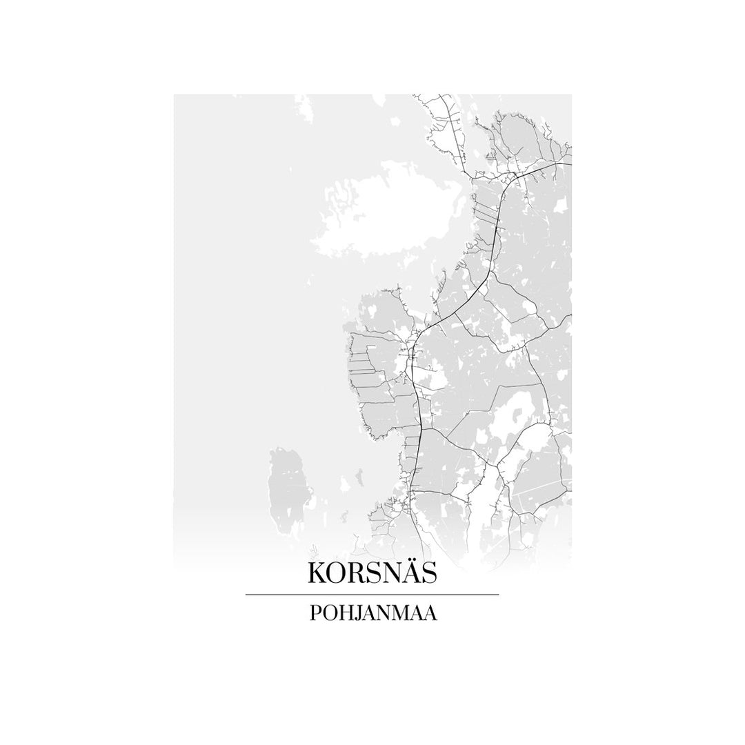 Korsnäs-karttataulu: mustavalkoinen katukartta kaupungin katuverkosta