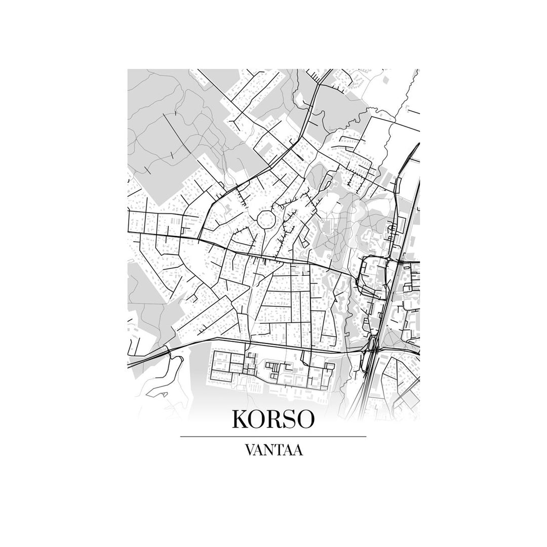 Korso-karttataulu: mustavalkoinen katukartta kaupungin katuverkosta