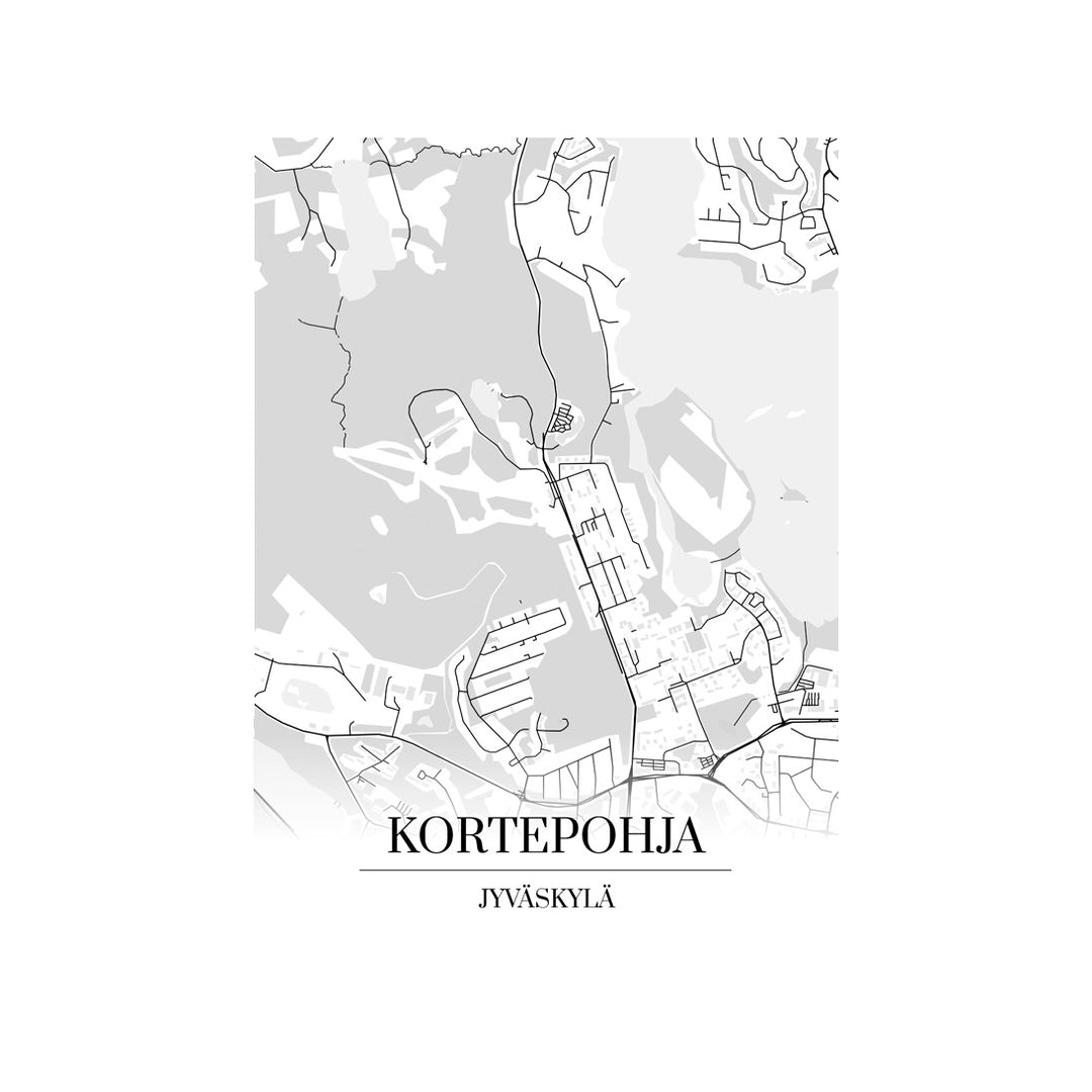 Kortepohja-karttataulu: mustavalkoinen katukartta kaupungin katuverkosta