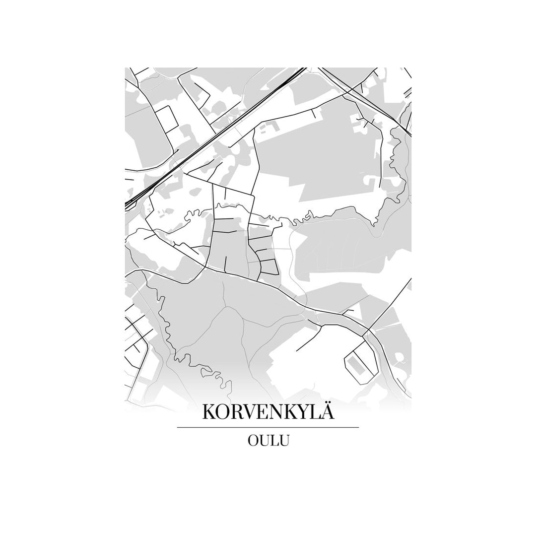 Korvenkylä-karttataulu: mustavalkoinen katukartta kaupungin katuverkosta