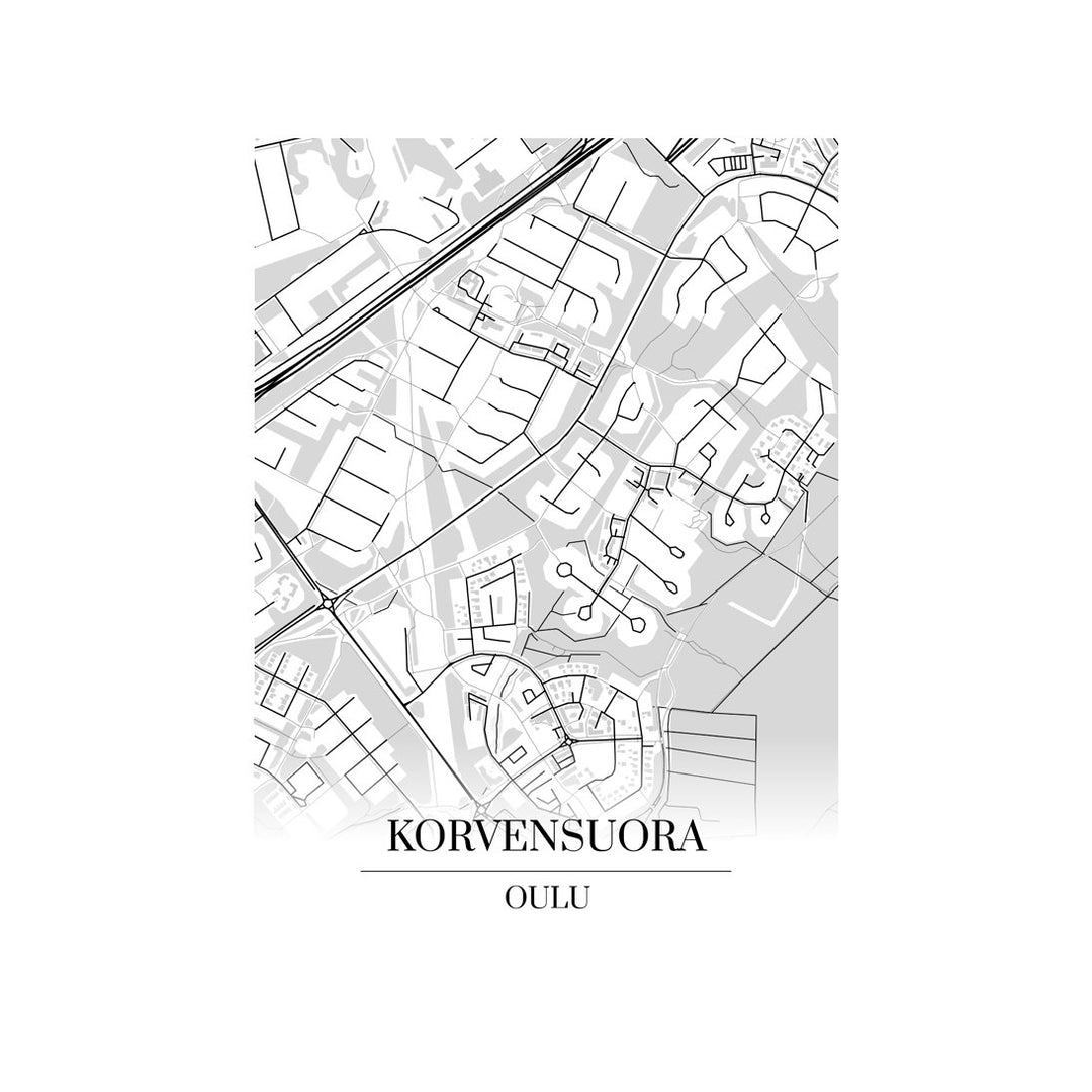 Korvensuora-karttataulu: mustavalkoinen katukartta kaupungin katuverkosta