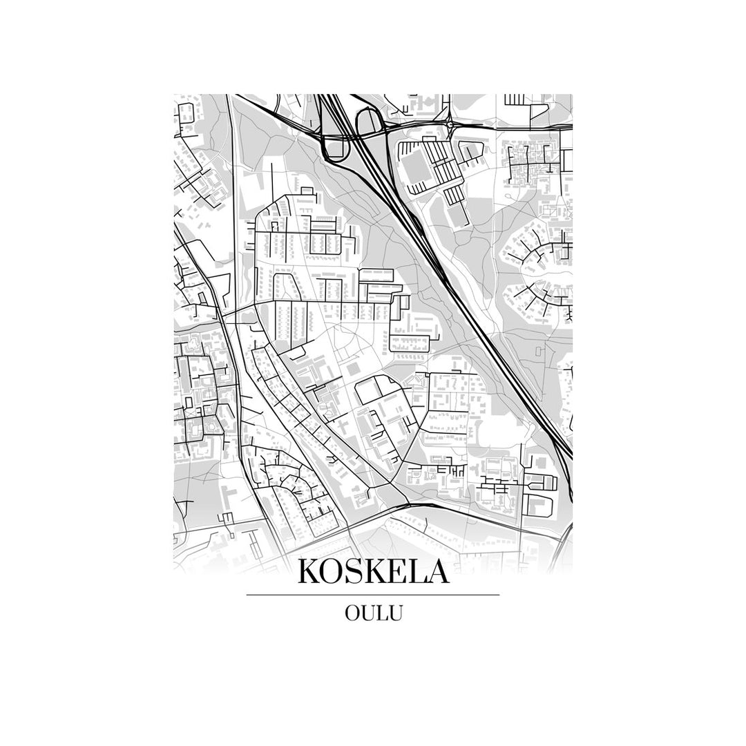 Koskela-karttataulu: mustavalkoinen katukartta kaupungin katuverkosta