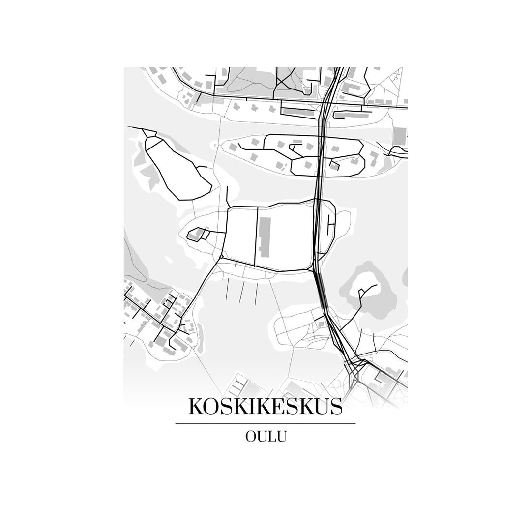 Koskikeskus-karttataulu: mustavalkoinen katukartta kaupungin katuverkosta