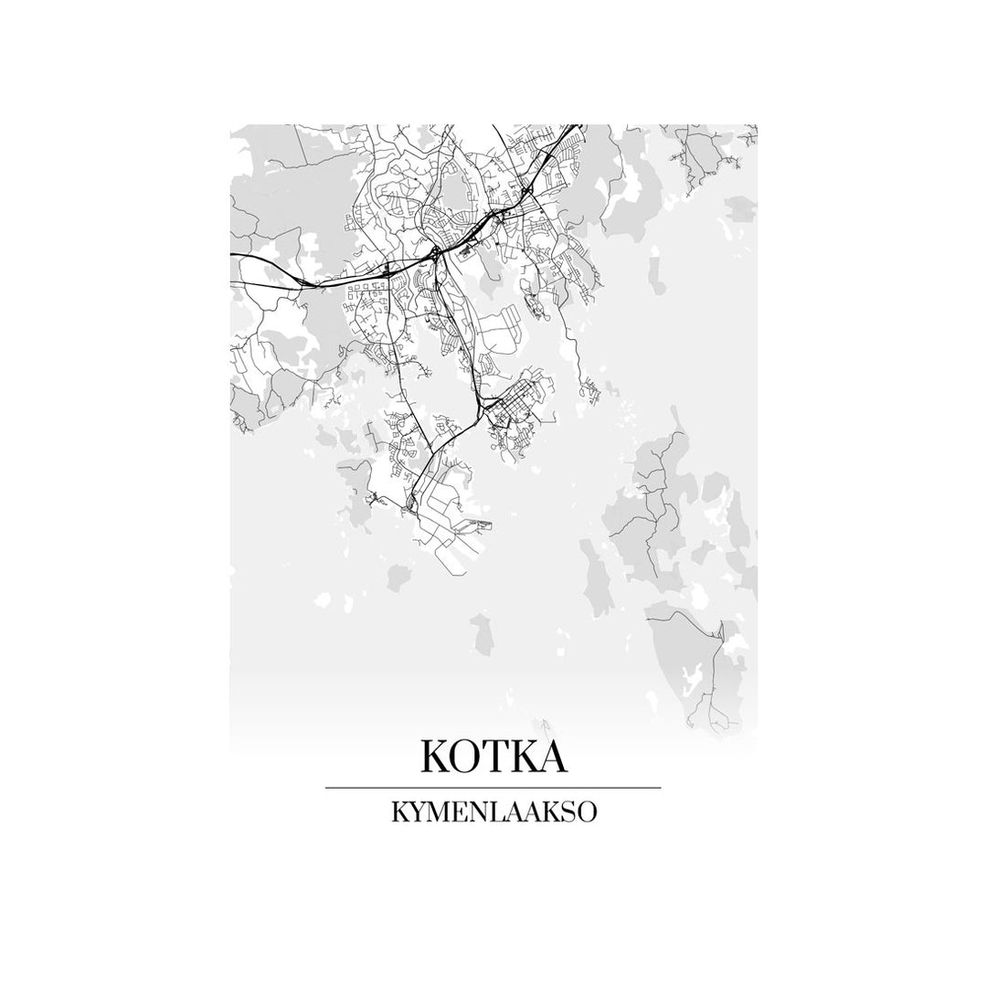 Kotka-karttataulu: mustavalkoinen katukartta kaupungin katuverkosta