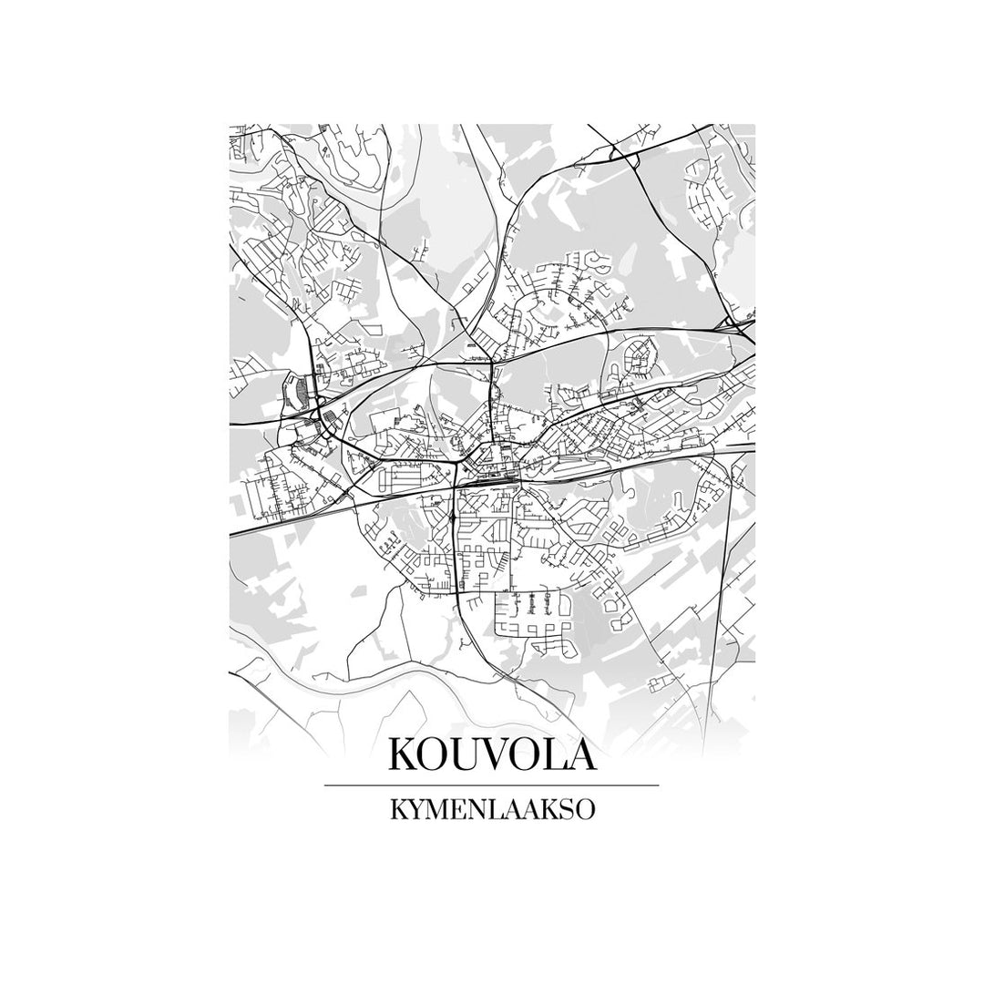 Kouvola-karttataulu: mustavalkoinen katukartta kaupungin katuverkosta