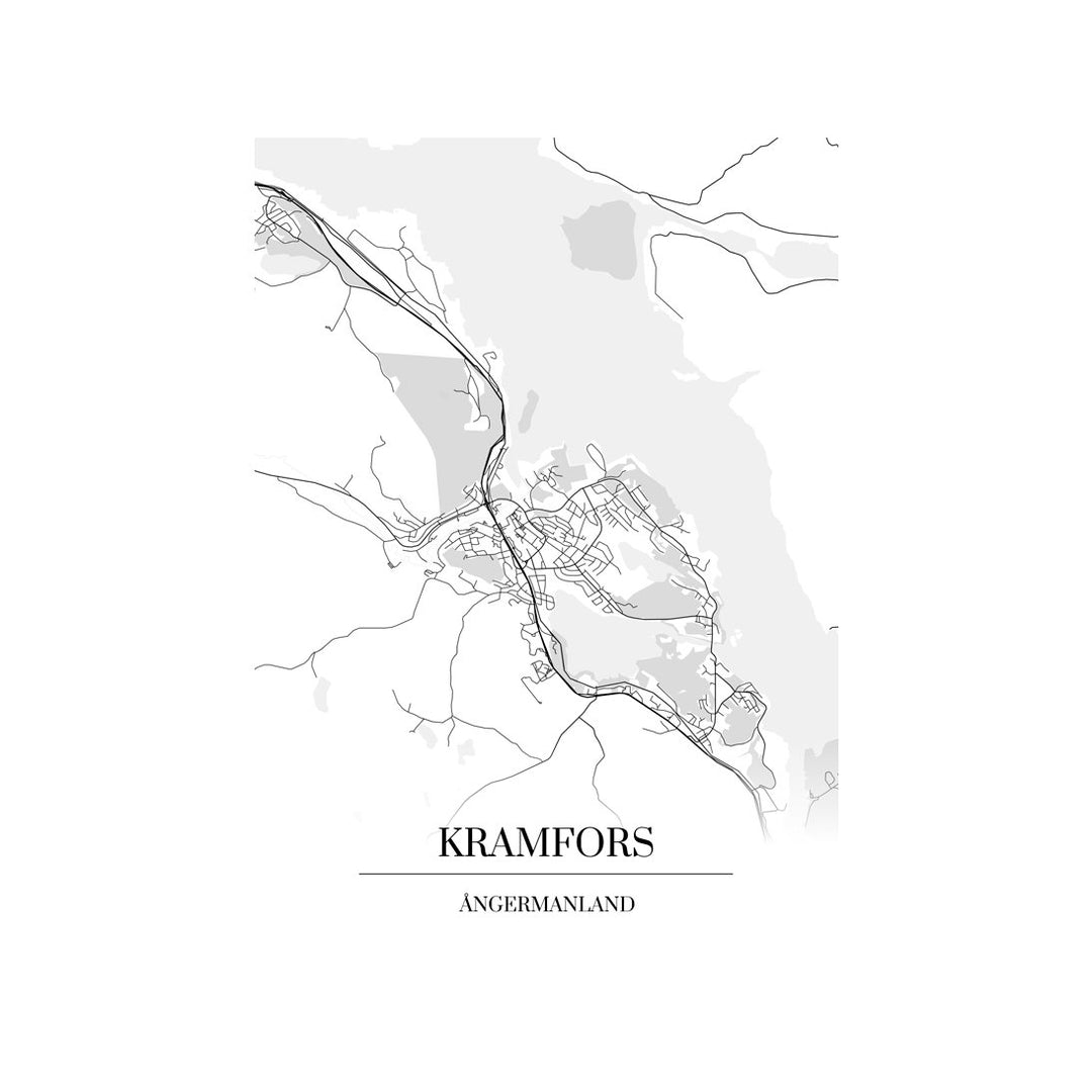 Kramfors-karttataulu: mustavalkoinen katukartta kaupungin katuverkosta
